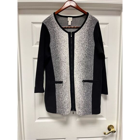 Chico’s Black & Gray Marked Knit Long Line Zio Up Cardigan Jacket sz 3 or XL - Picture 1 of 8